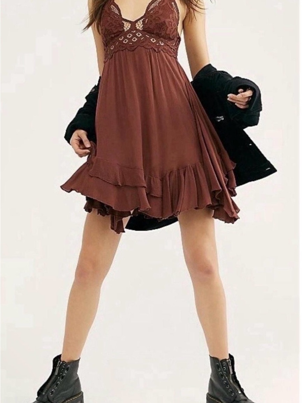 Free People Lace Top Brown Ruffled Skater Mini full Skirt Boho slip dress